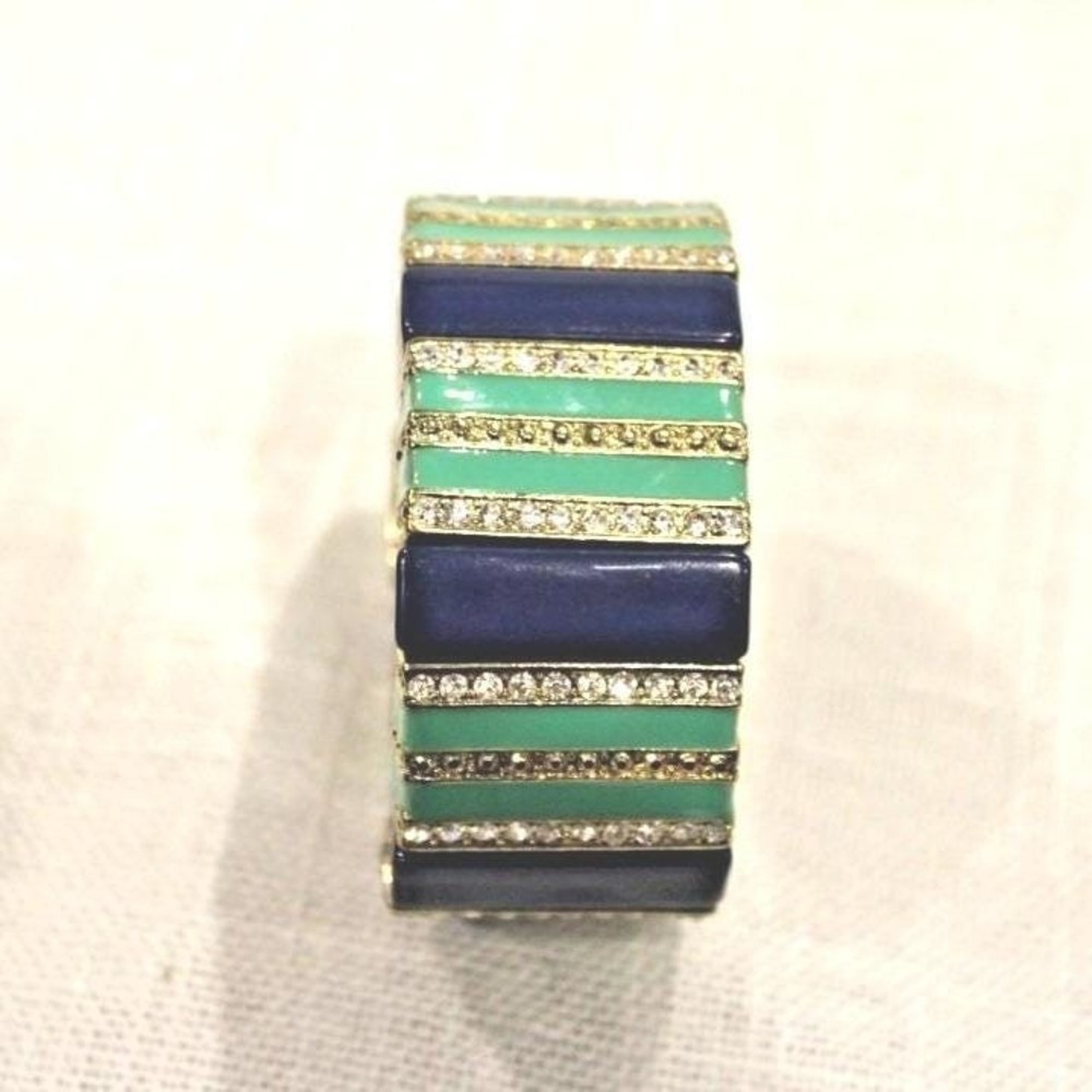 J Crew Navy Blue Turquoise Acrylic Rhinestone Stretch Bracelet Gold Tone Cuff